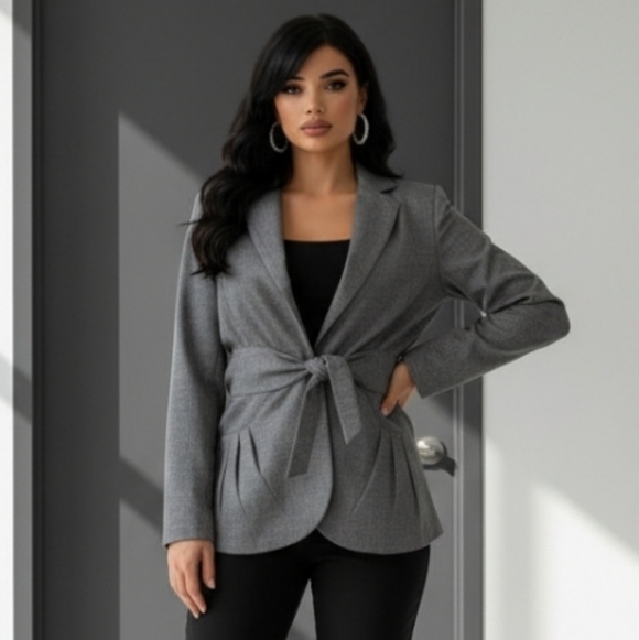 Trulli Jackets & Blazers - Trulli Elegant Gray Metallic Blazer with Belted Waist Pleated Pockets Size 8P